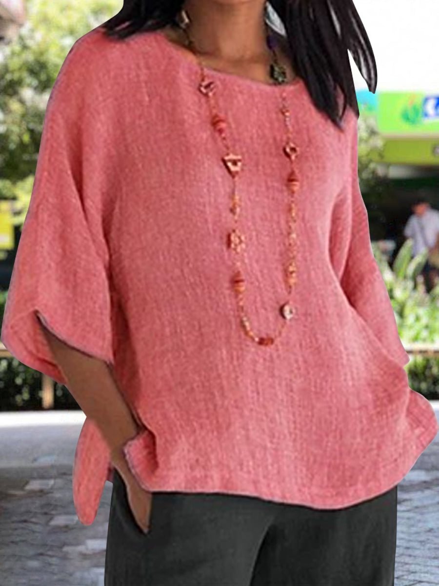 Solid Color Round Neck Mid-length Sleeve Top