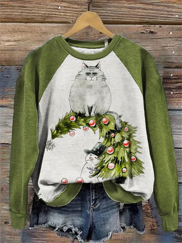 Comstylish Fat Cat on Christmas Tree Raglan Sweatshirt