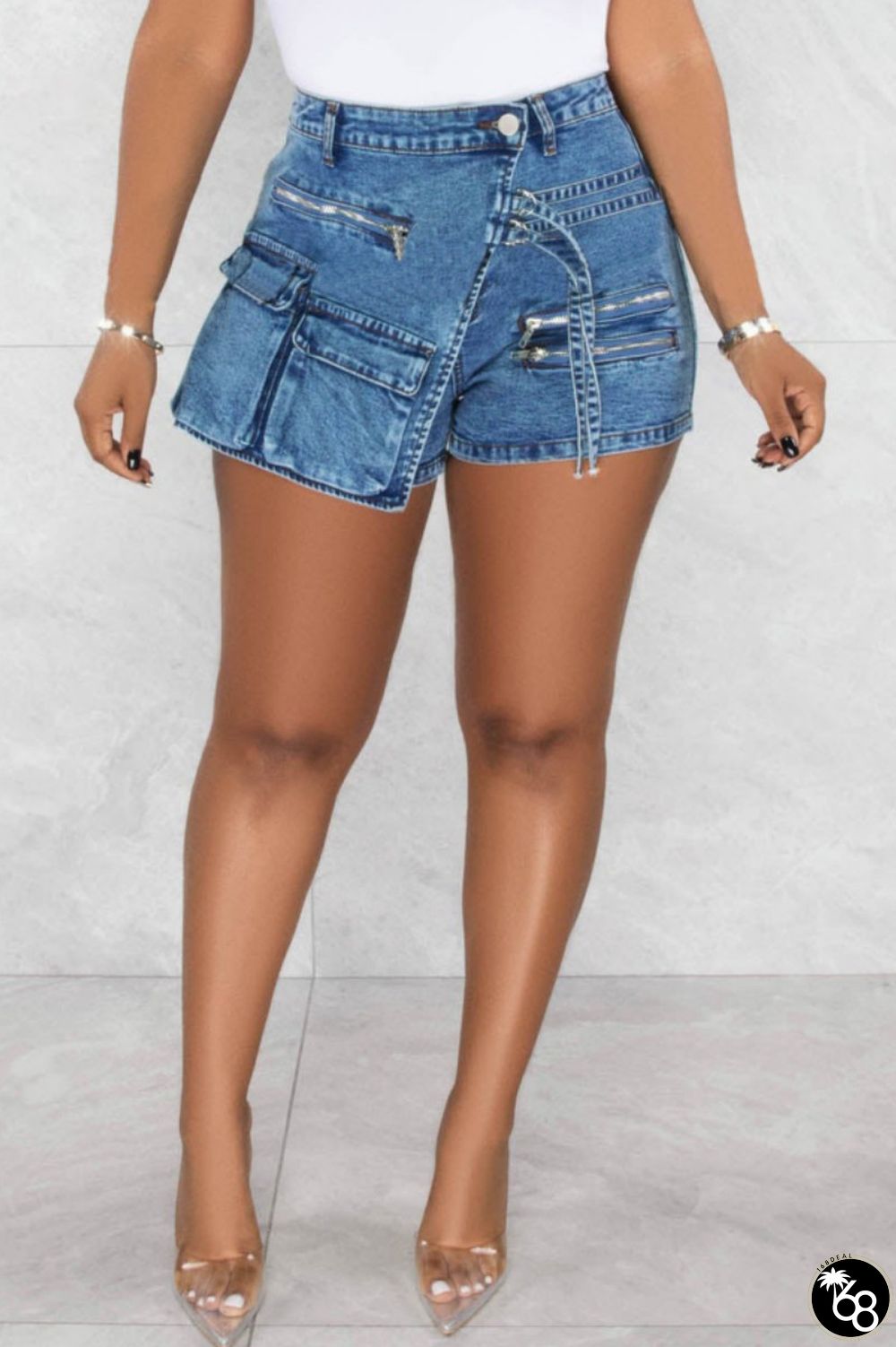 Light Blue Casual Solid Patchwork High Waist Skinny Denim Shorts | 168DEAL
