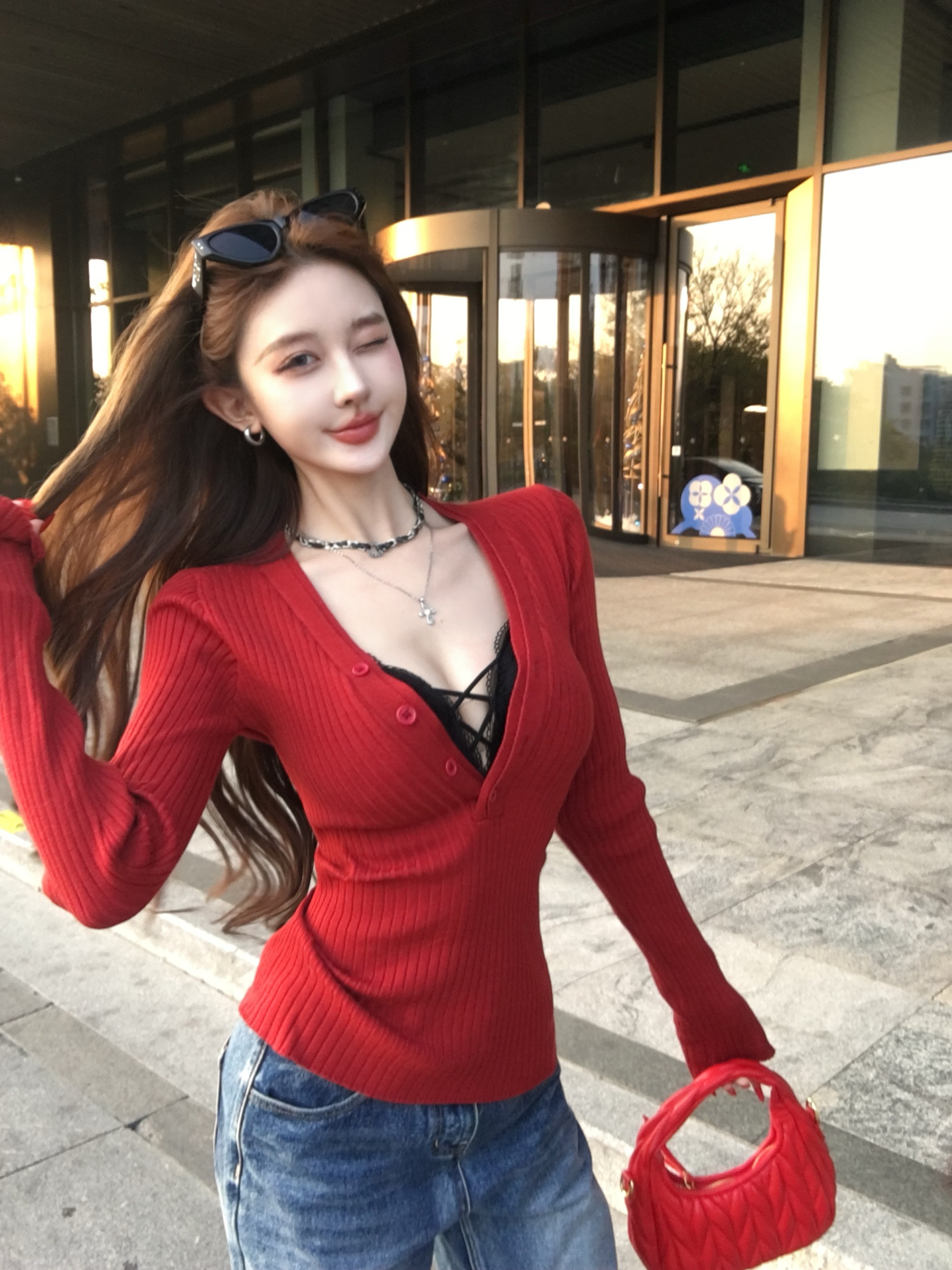 Sexy Low Cut V Neck Knitted Base Shirt Women's Autumn Winter Layering Christmas Red Sweater Korean Sle Straight Cut Long Sl...