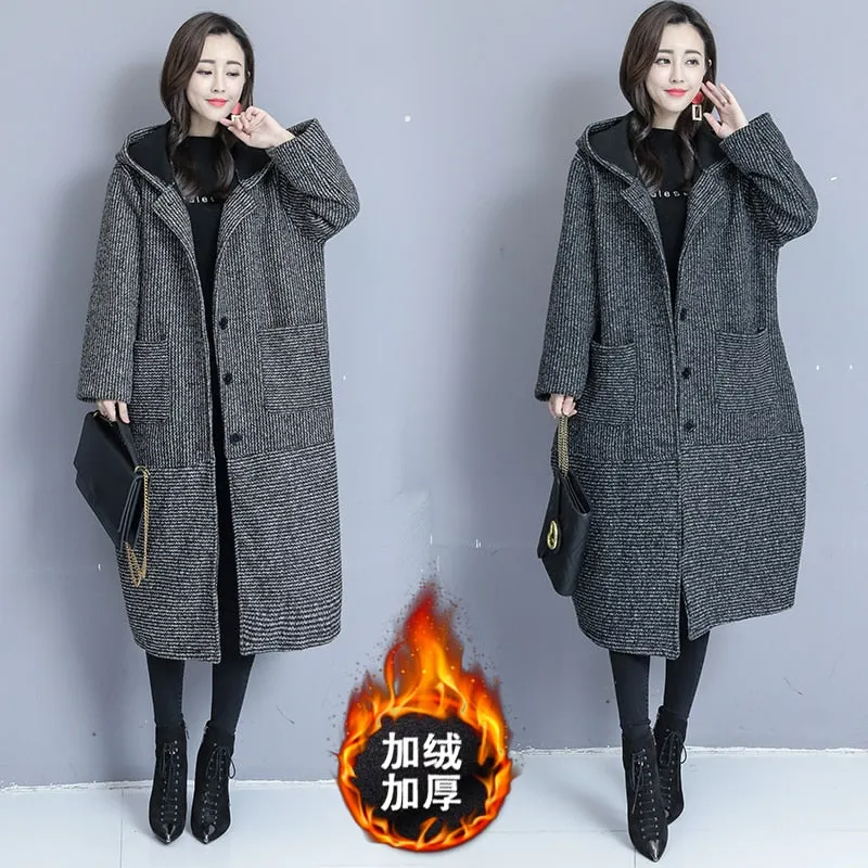 Suofun Loose Long Large Size 2021 New Fashion Thickened Women Autumn Winter Woolen Coat Korean Velvet  Hooded Wool Coats