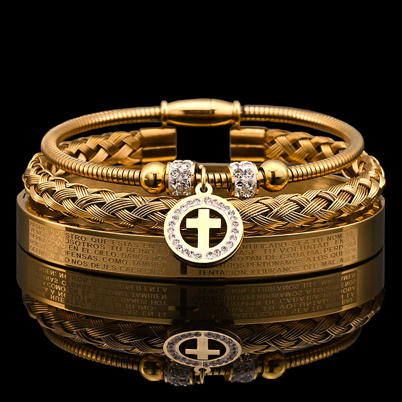 Stainless Steel Bracelet with Cross Pendant, Roman Letters and Micro - set Cubic Zirconia