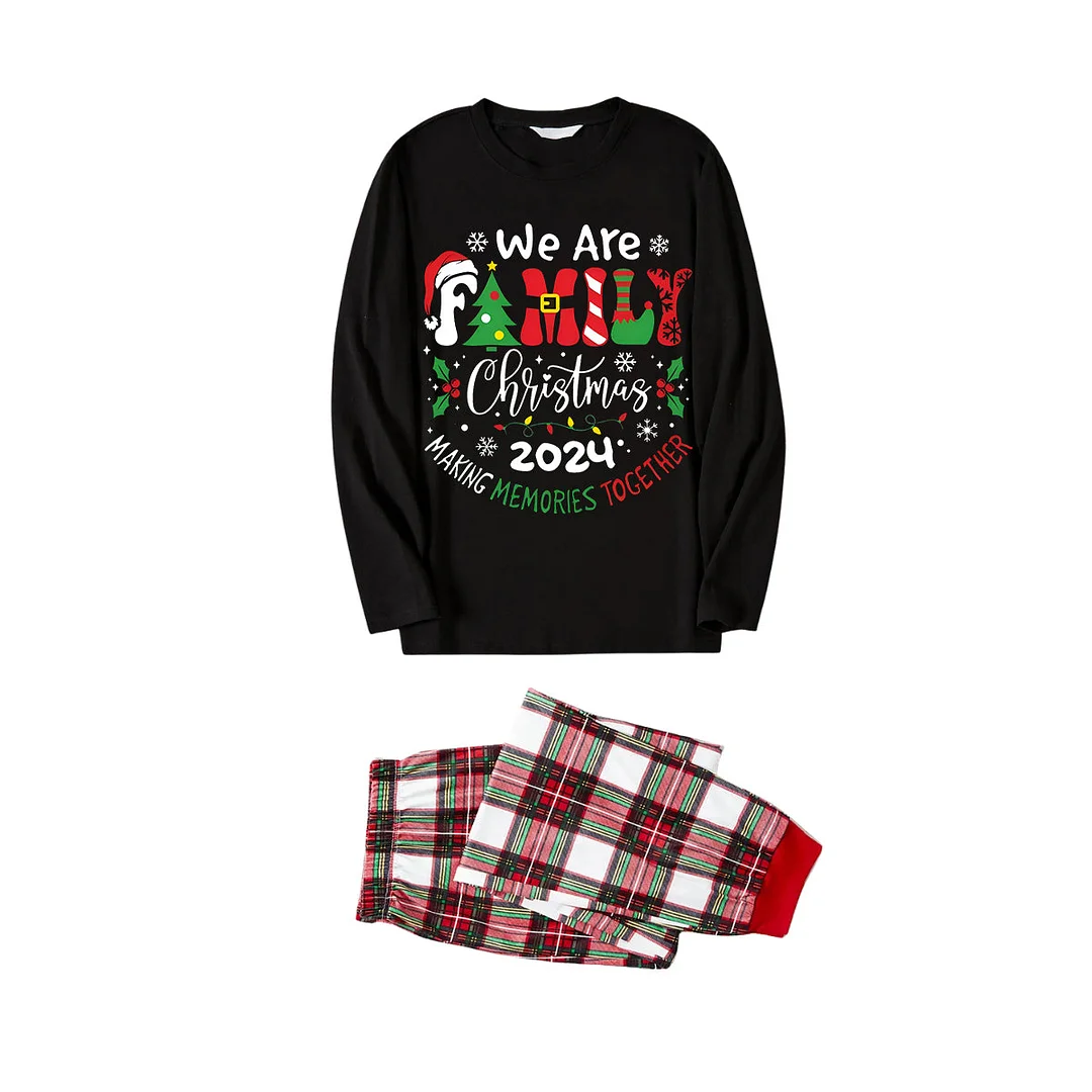 "We are Family" 2024 Christmas Wreath - Black Top with Red & White & Green Plaid Pants Family Matching Pajamas