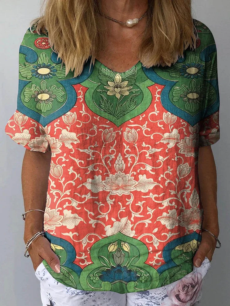 Women's Vintage Floral Art Print Casual Cotton And Linen Shirt
