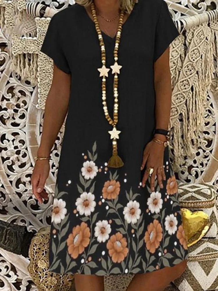 Cotton And Linen Print V-Neck Short Sleeved Loose Floral Mid-Length Dress