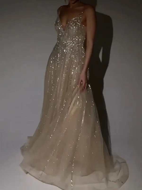 shiny Sequinned Mesh sleeveless spaghetti-neck evening Maxi Dresses