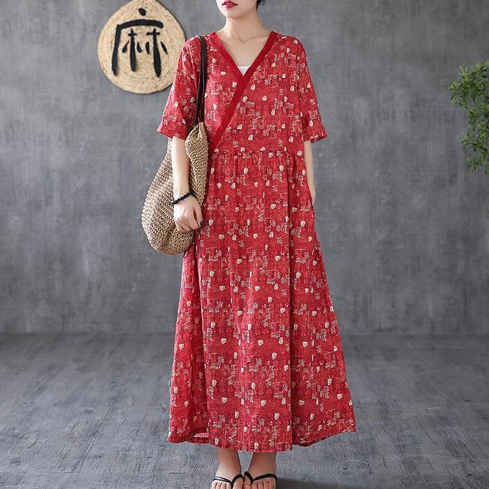 Elegant red print linen Wardrobes v neck patchwork Plus Size Dress