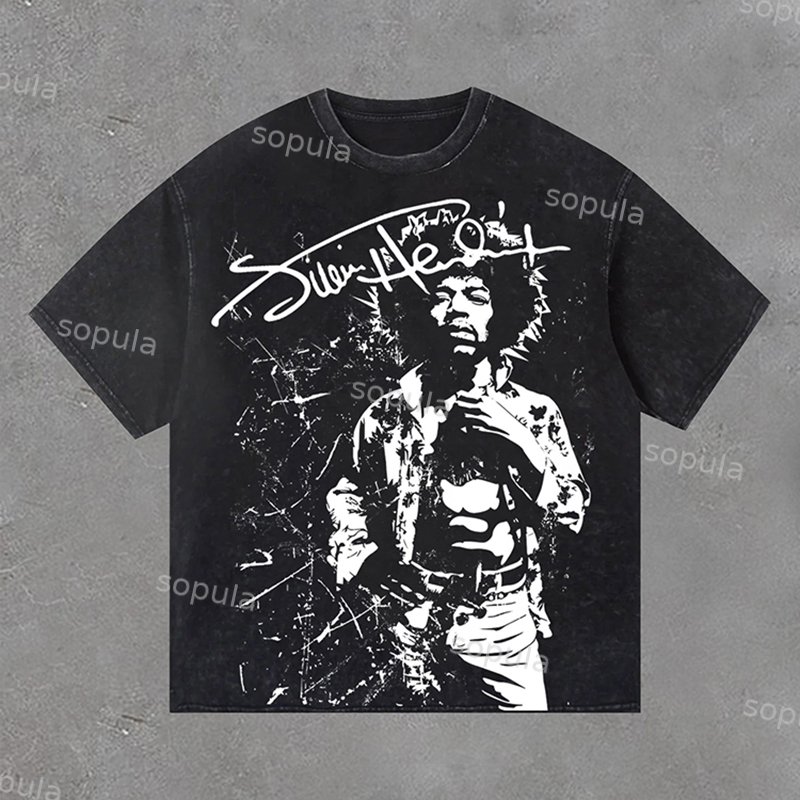 Sopula Retro Jimi Hendrix Print Washed Vintage T-Shirt - Sopula ｜Premium Graphic Tees & Graphic Streetwear