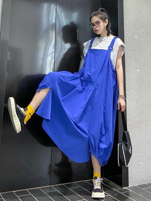 Casual Loose Solid Color A-Line Overalls Midi Dress