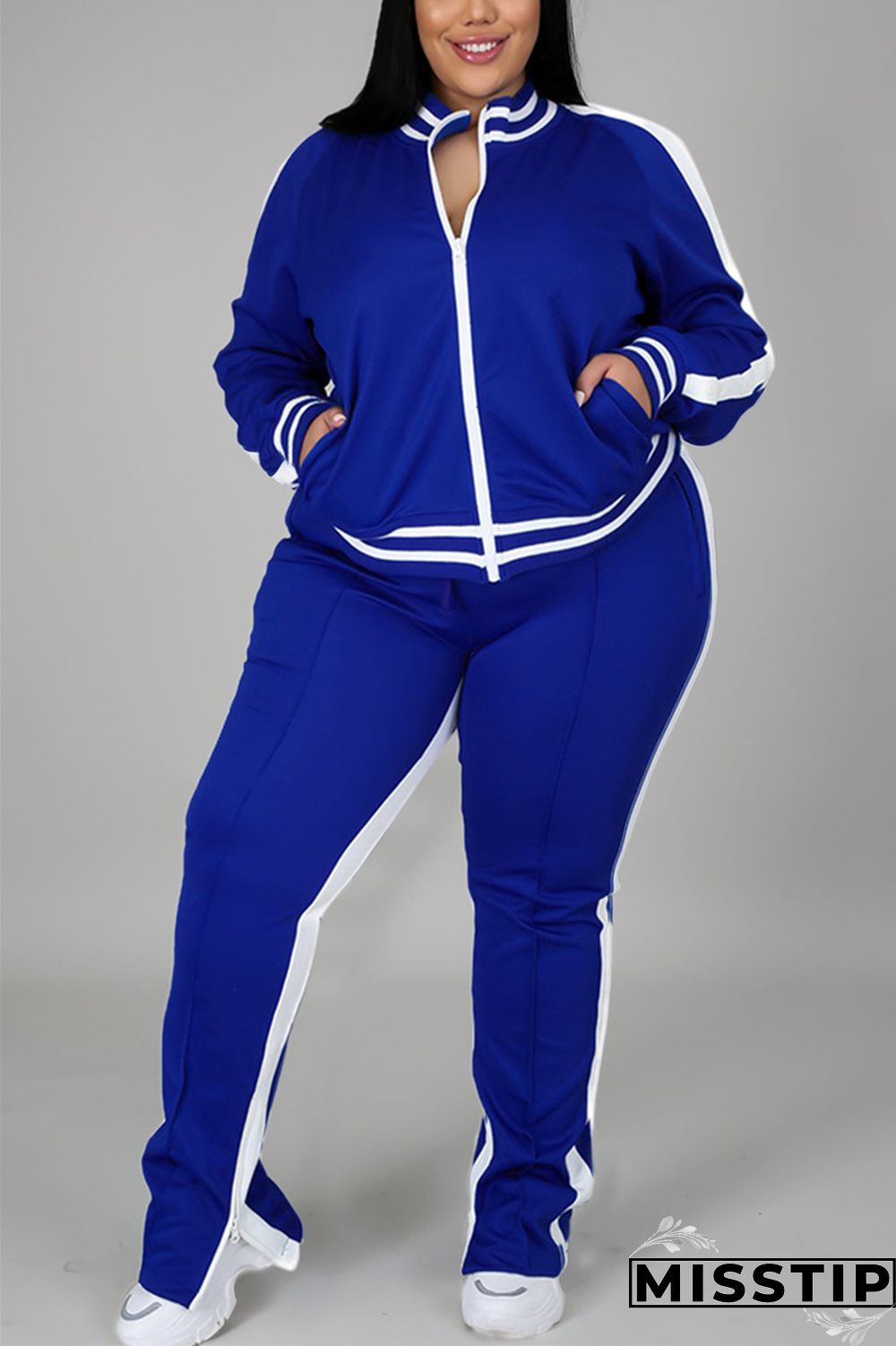 Black Fashion Casual Sportswear Zipper Collar Long Sleeve Regular Sleeve Patchwork Plus Size Set