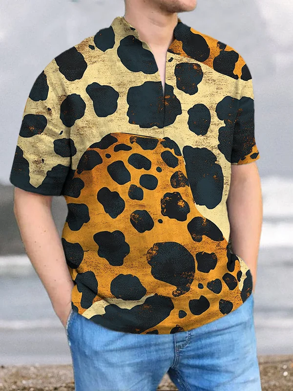 Men's Color Block Leopard Print Casual V Neck T-Shirt