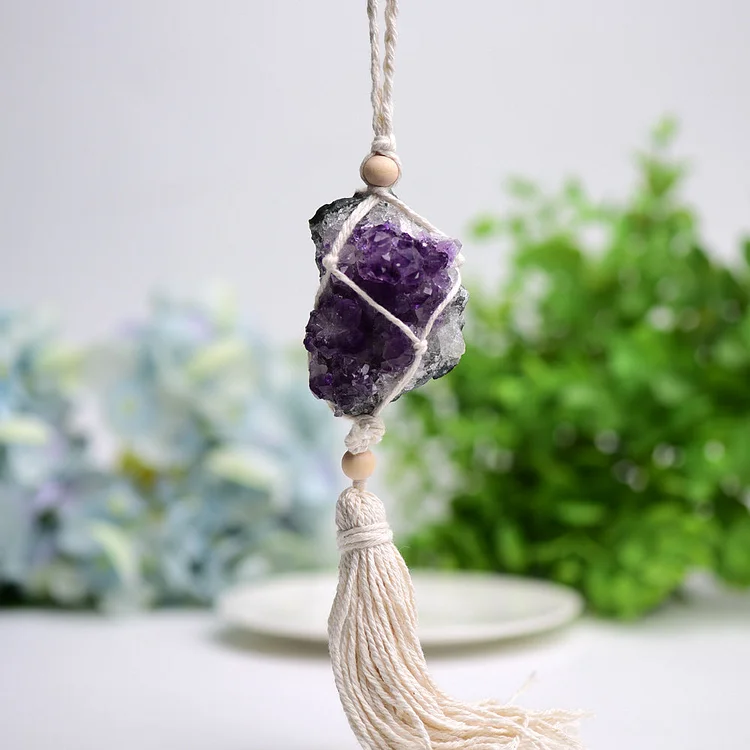 Amethyst Cluster Hanging with Cotton Rope Tassels Jewelry