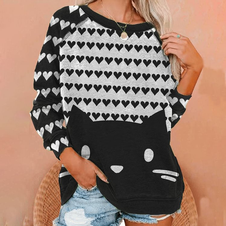 Vefave Casual Love Cat Print Sweatshirt