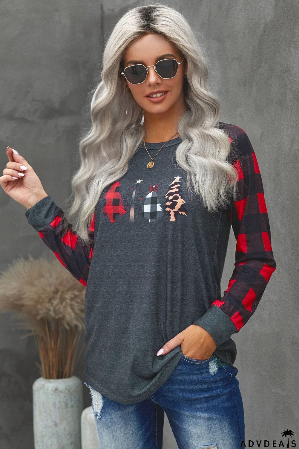 Christmas Pattern Plaid Splice Long Sleeve Top