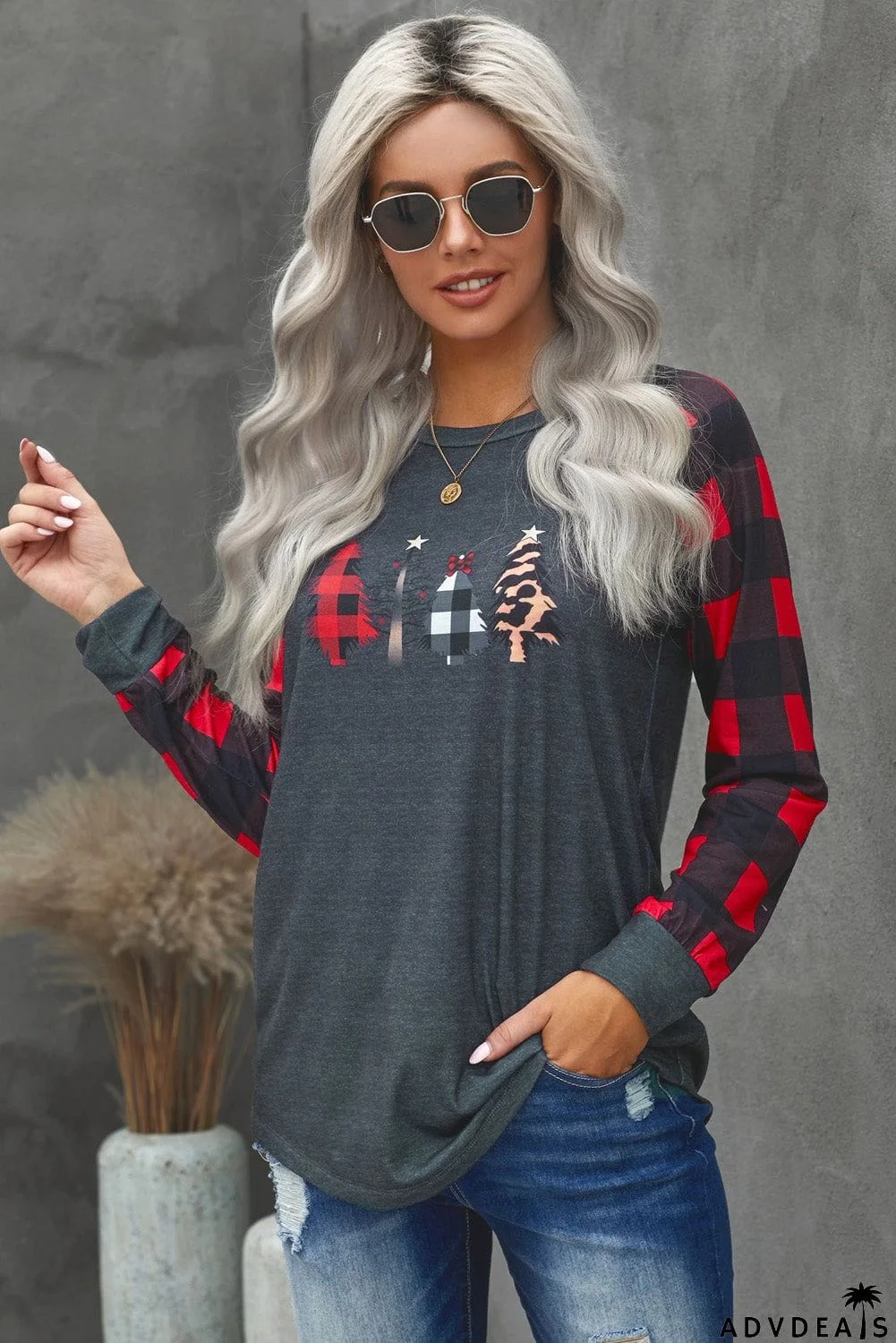 Christmas Pattern Plaid Splice Long Sleeve Top