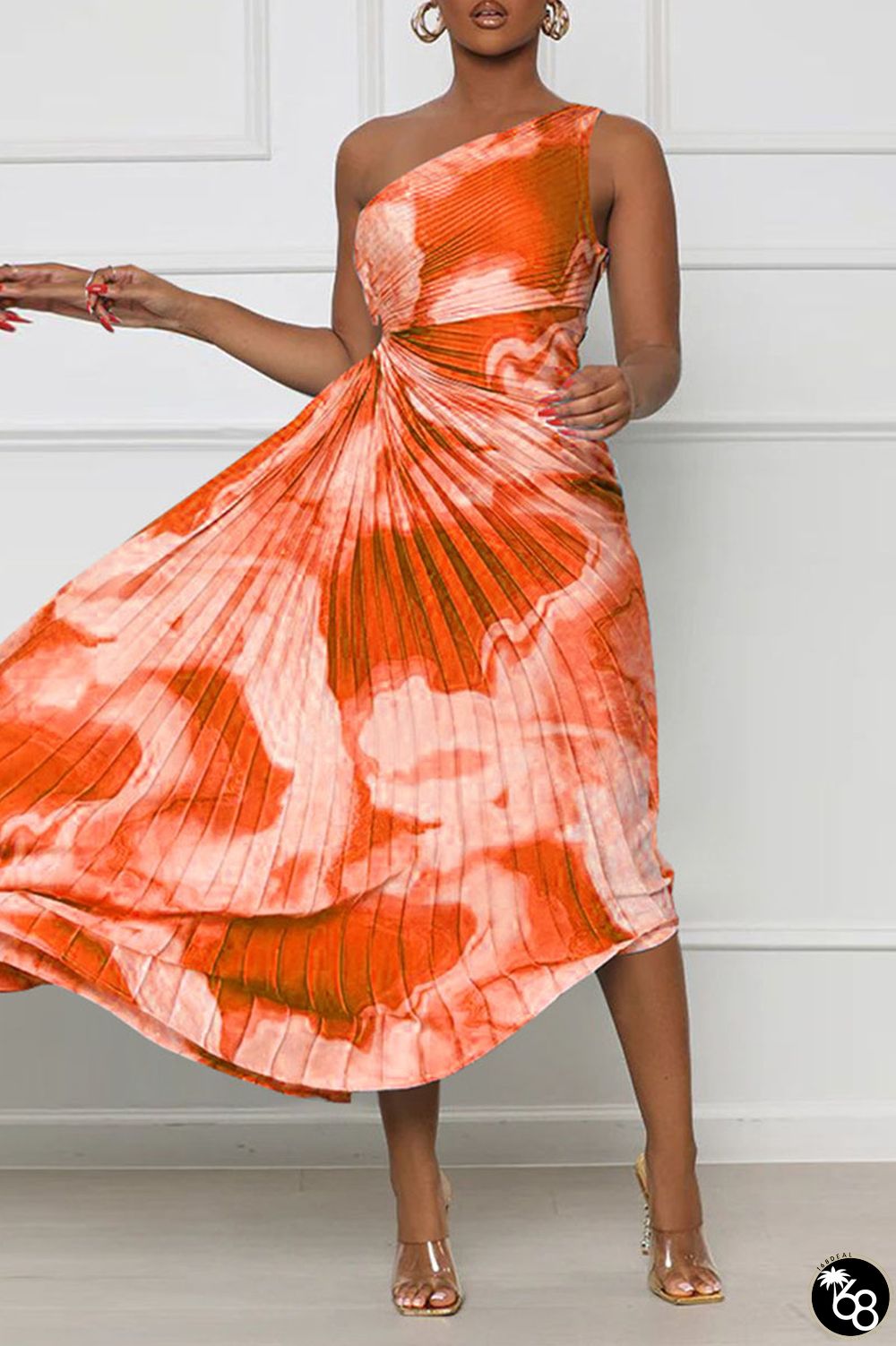 Tangerine Red Street Print Patchwork Fold Asymmetrical Oblique Collar Straight Dresses | 168DEAL