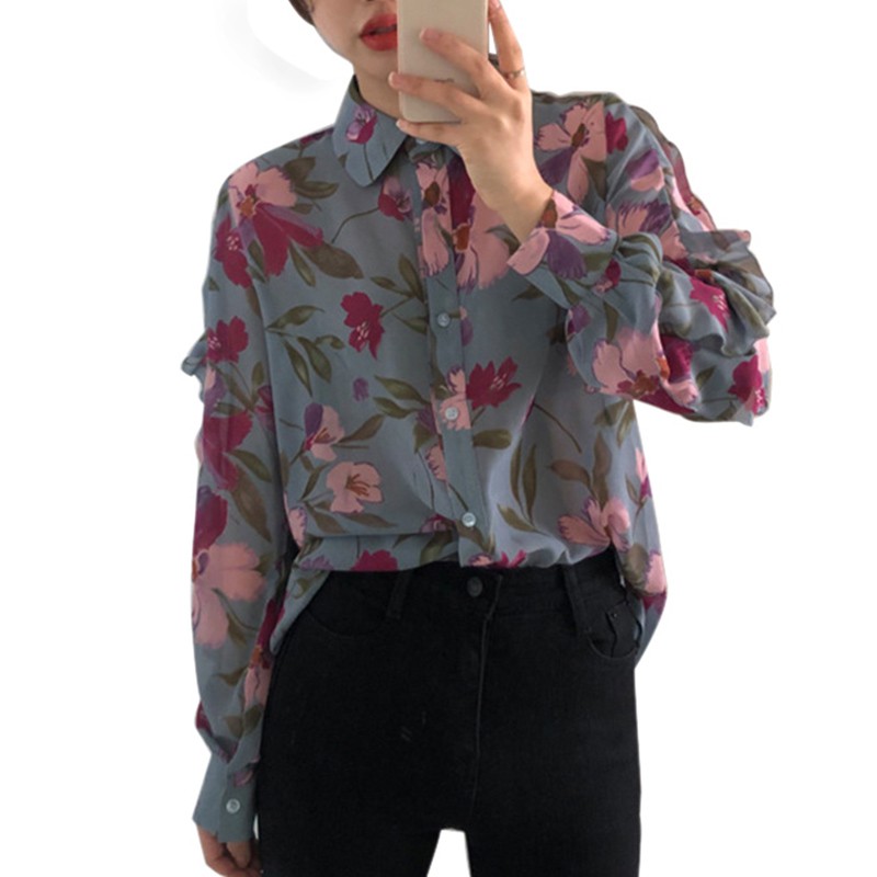 Women's Casual V Neck  Floral Print Long Sleeve Chiffon Blouses Bohemian Top Shirts
