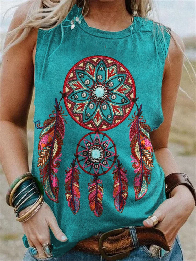 Dream Catcher Turquoise Embroidered Tank Top