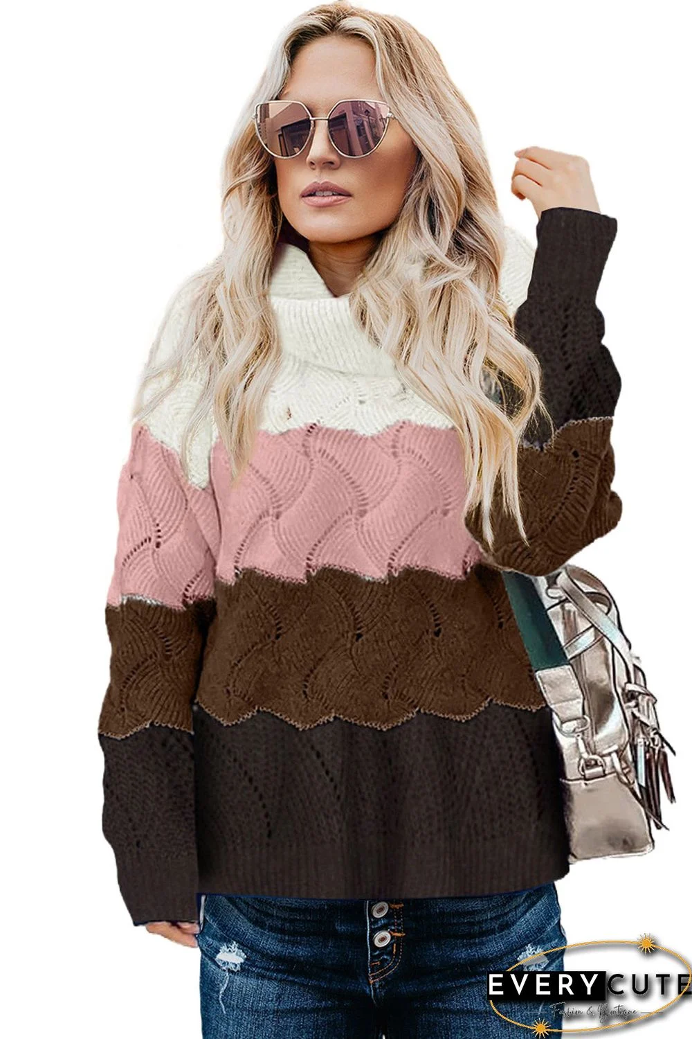 Pink Turtle Neck Color Block Fluffy Twist Sweater