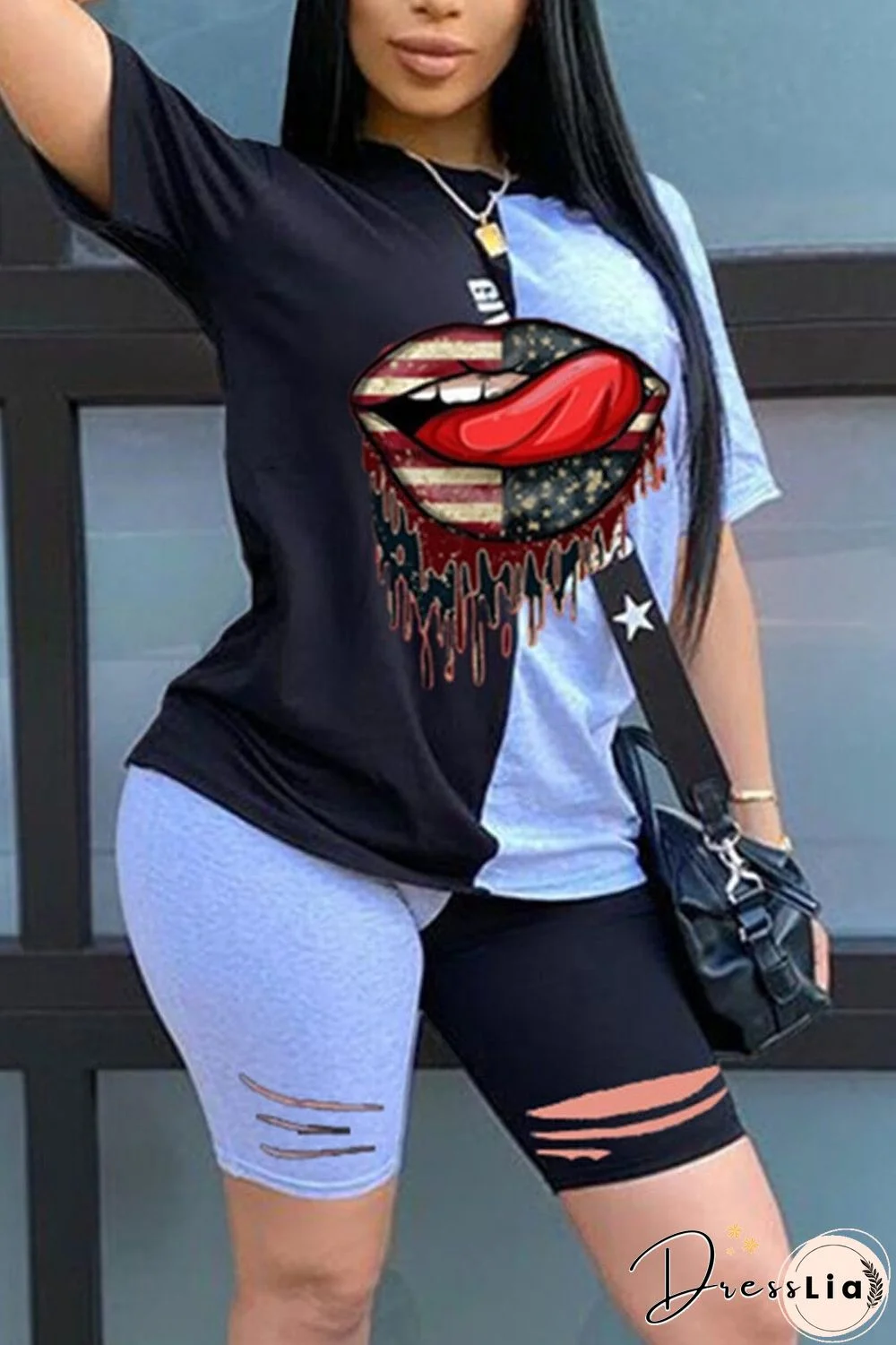 Casual Printed T-Shirt  Patchwork Set