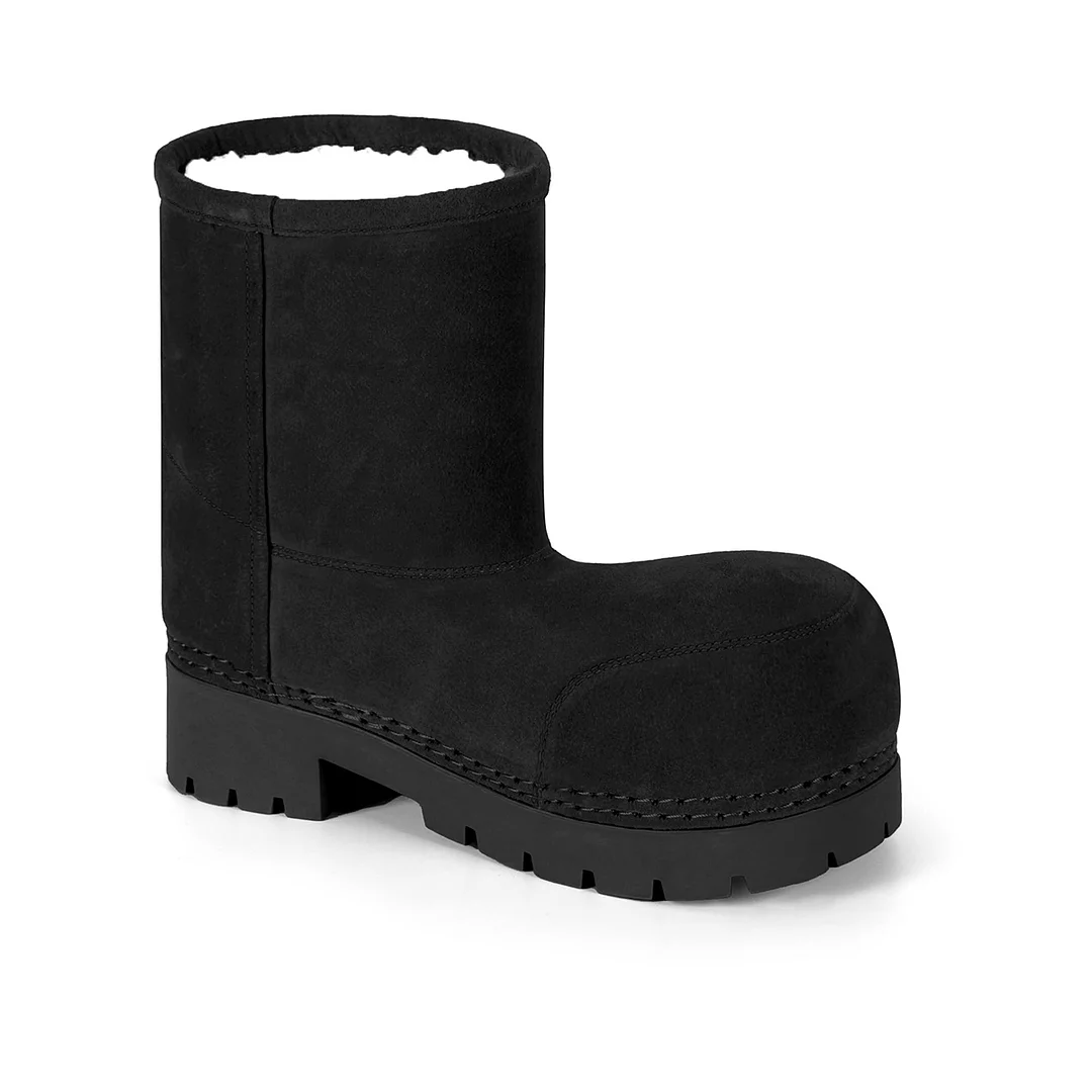 Faux Suede Platform Fuzzy Snow Boots Round Toe Hippy Winter Boots Slip On Knee High Chunky Heel Fur Ankle Boots-MERUMOTE