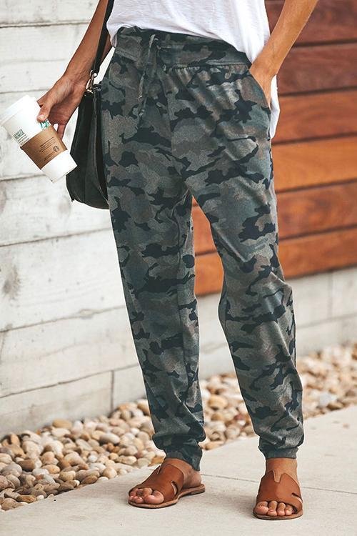 Fashion Elastic Bandage Printed Casual Camouflage Pants-elleschic
