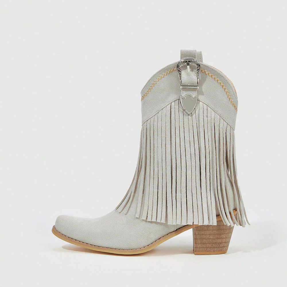 Gray Faux Suede Closed Toe Chunky Heel Western Fringe Ankle Boots Nicepairs