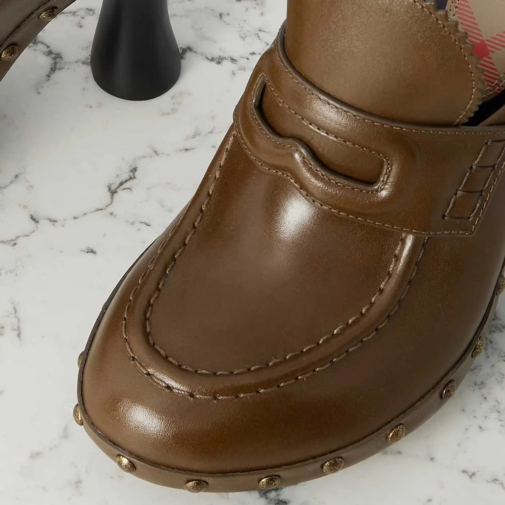 Brown Round Toe Studded Flared High Heel Mule Shoes for Women