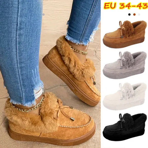 Winter Women Fashion Flat Shoes Suede Women Cute Soft Fur Padded Shoes Slip On Platform Ladies Casual Shoes
