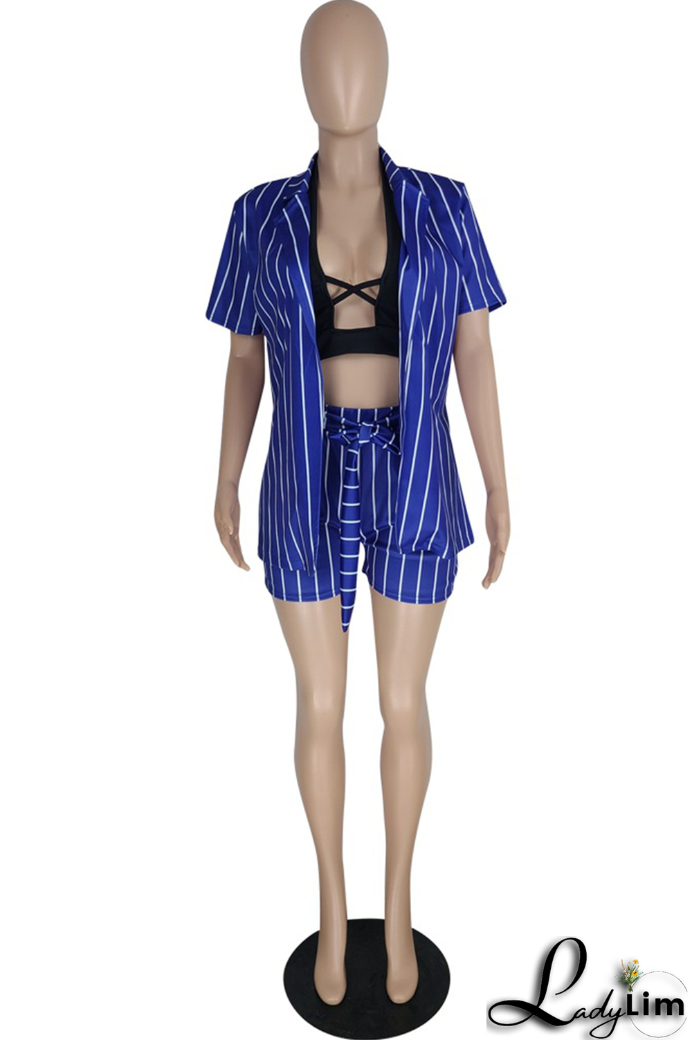 Red Casual Striped Split Joint Turndown Collar Short Sleeve Two Pieces