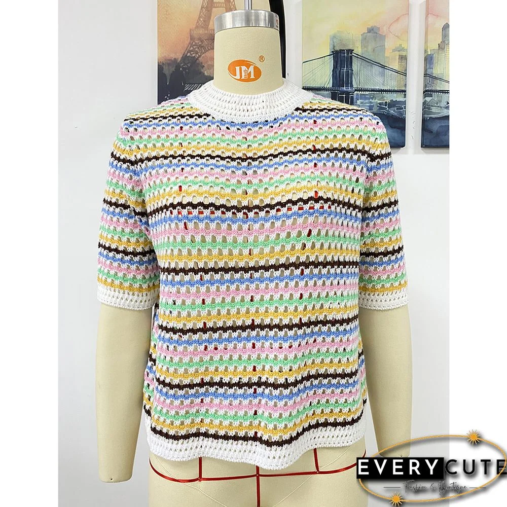 White Colorblock Striped Hollow Out Knit Sweater