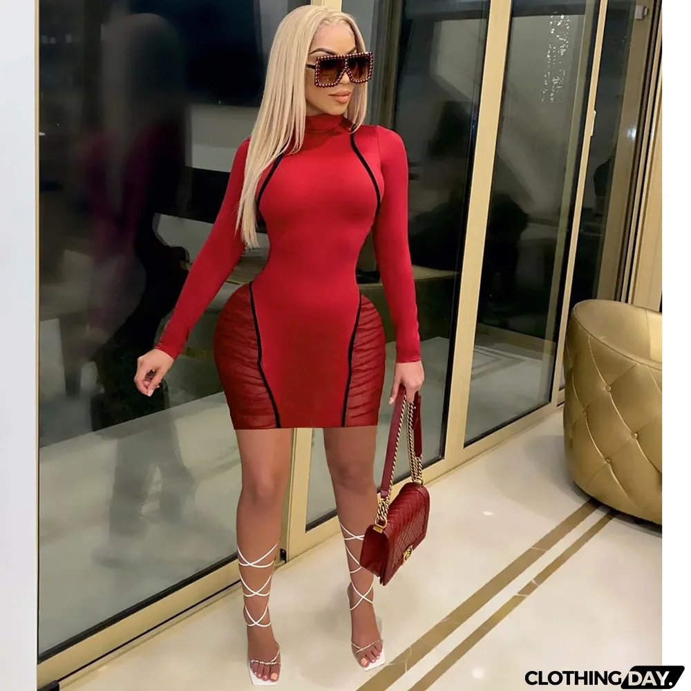 Plus Size Sexy Mesh Patchwork Long Sleeve Mini Dress