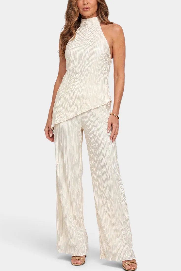 Pleated Halter Top with Wide-Leg Trousers Set