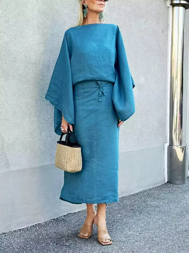 Casual cotton and linen batwing sleeve belt solid color dress