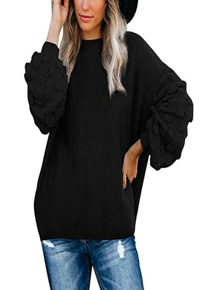 Elegant Women Office Lady Pullover Winter Warm Long Sleeve Knit Crochet Turtleneck Lantern Sleeve Sweater Round Neck Streetwear - BlackFridayBuys