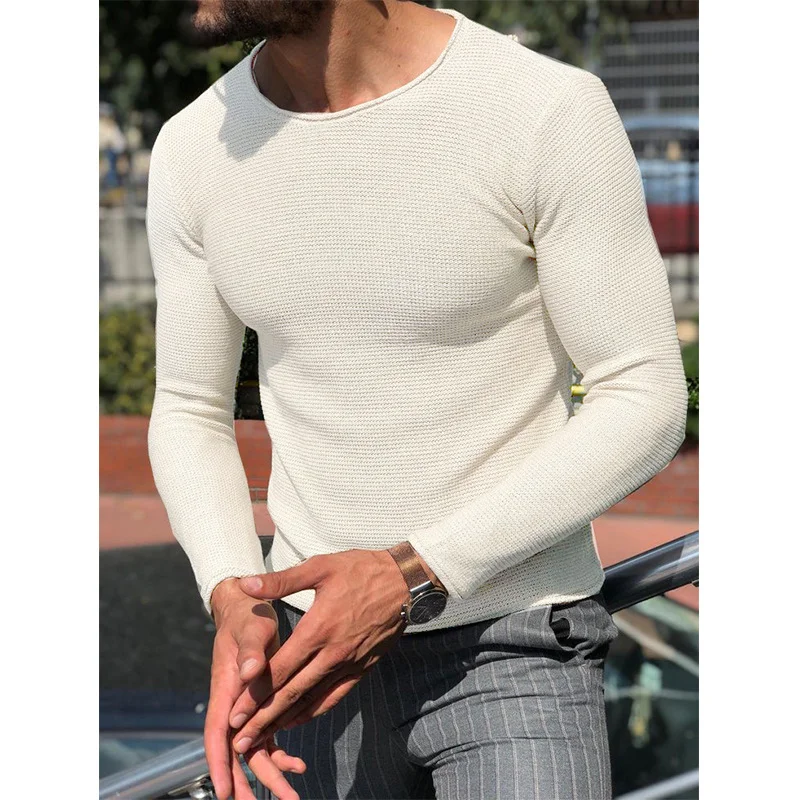 Wongn Wongn Men's Casual Round Neck Sweater Solid Color Slim Long Sleeve Knit Jumper Men's Sweater
