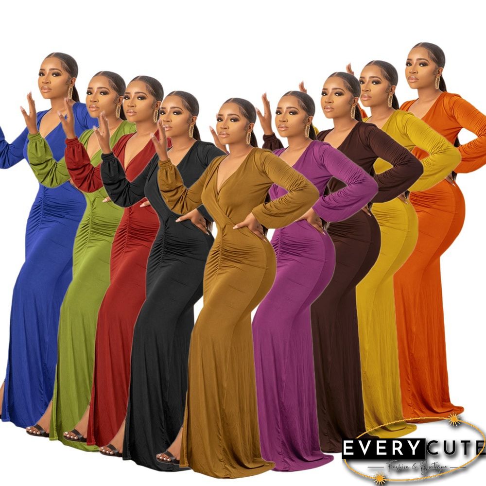 CM.YAYA Women Long Dress Solid Full Sleeve V-neck Strechy Maxi Floor Length Dresses Fashion Vintage Party Vestidos Summer Outfit