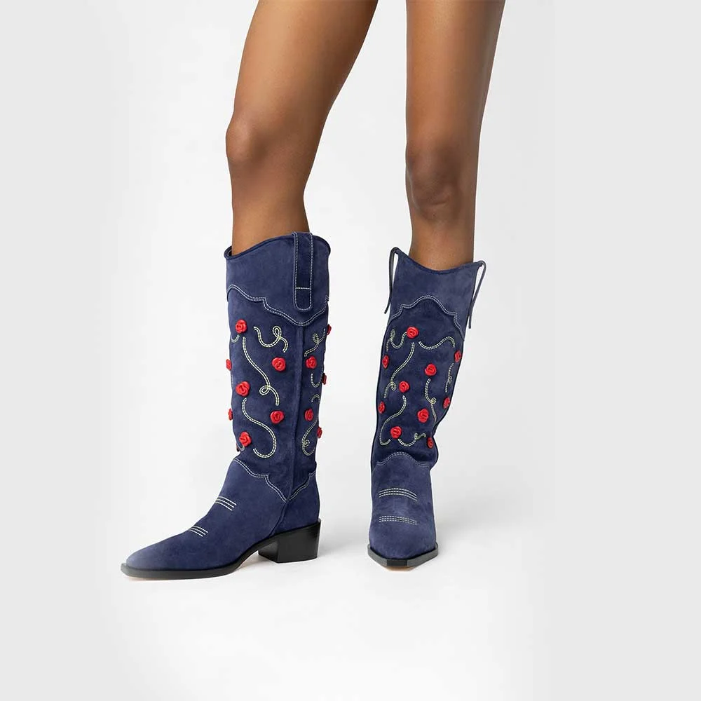 Navy Closed Toe Block Heel Embroidered Cowboy Boots with Flowers
