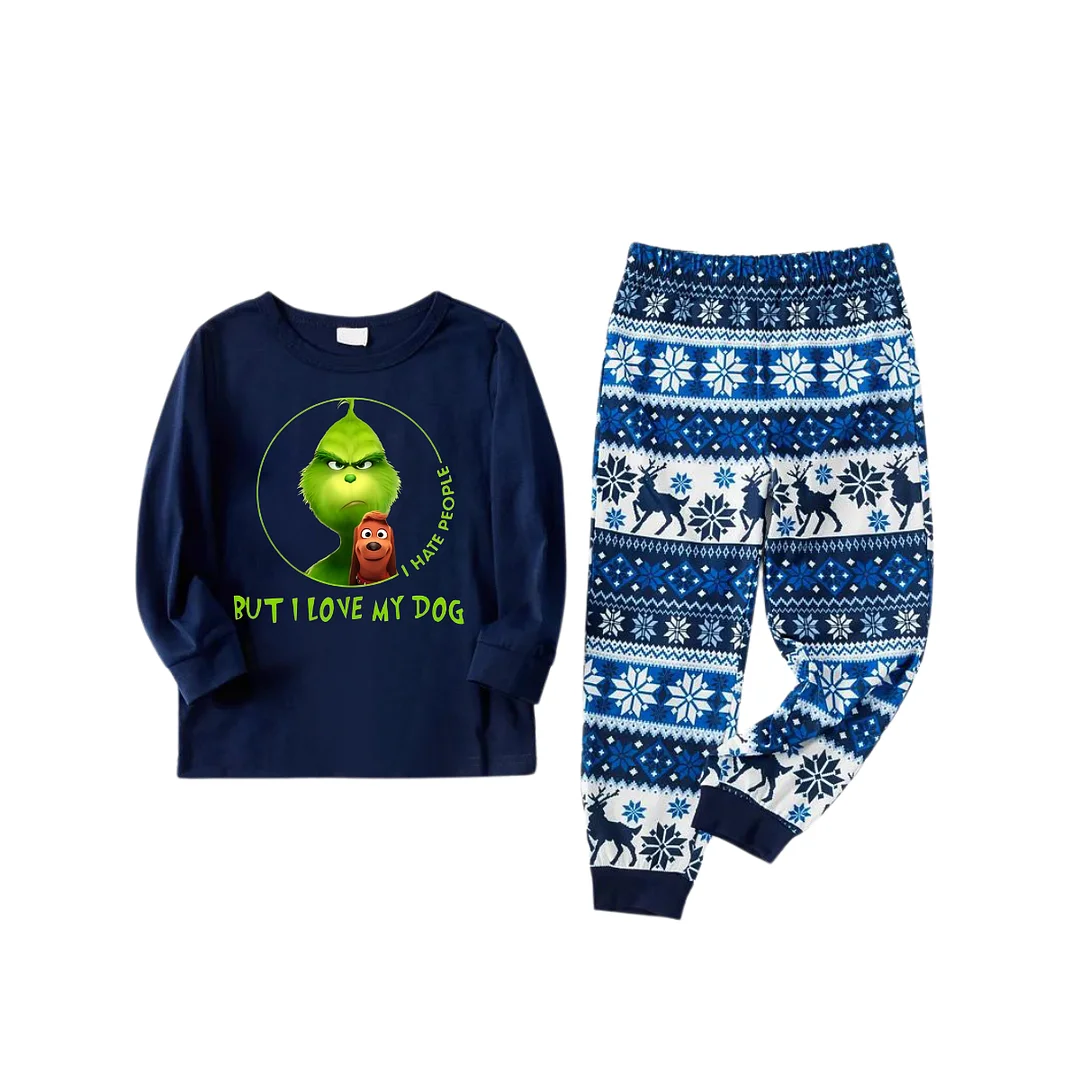 'I Hate People But I love My Dog' Text With Green Cartoon Characters and Dog Pattern Blue Top Navy Blue Plaid Pants Family Matching Pajamas