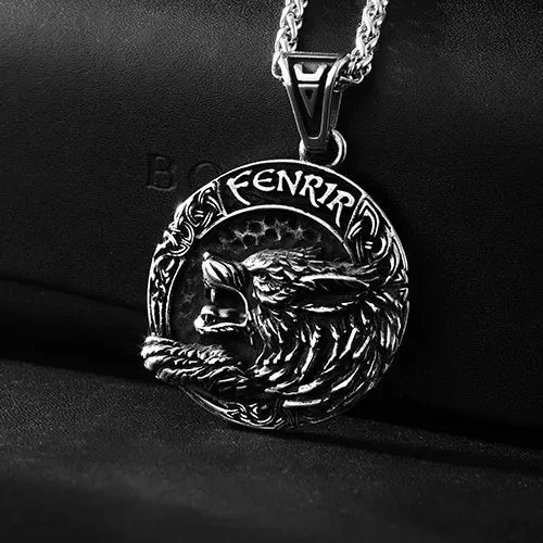Viking Fenrir Helm of Awe Rune Stainless Steel Wolf Pendant