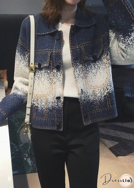 Gradient Color Blue Square Collar Button Wool Knit Coats Long Sleeve