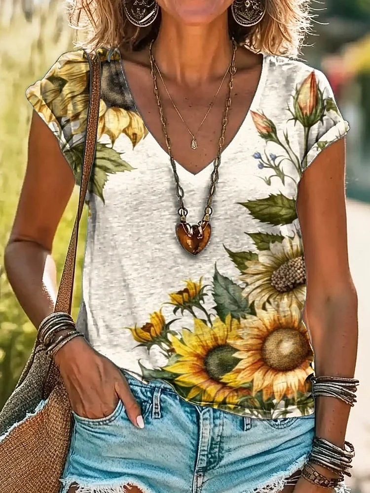 Women's Sunflower Art Print 100%Cotton V-neck T-Shirt