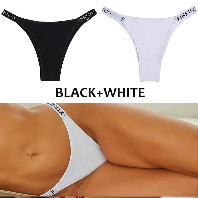 FINETOO 2PCS/Set Women's Cotton G-string Sexy Cross Strap Panties Letter Waisted Underwear Thongs Femme Hollow Out Lady Briefs