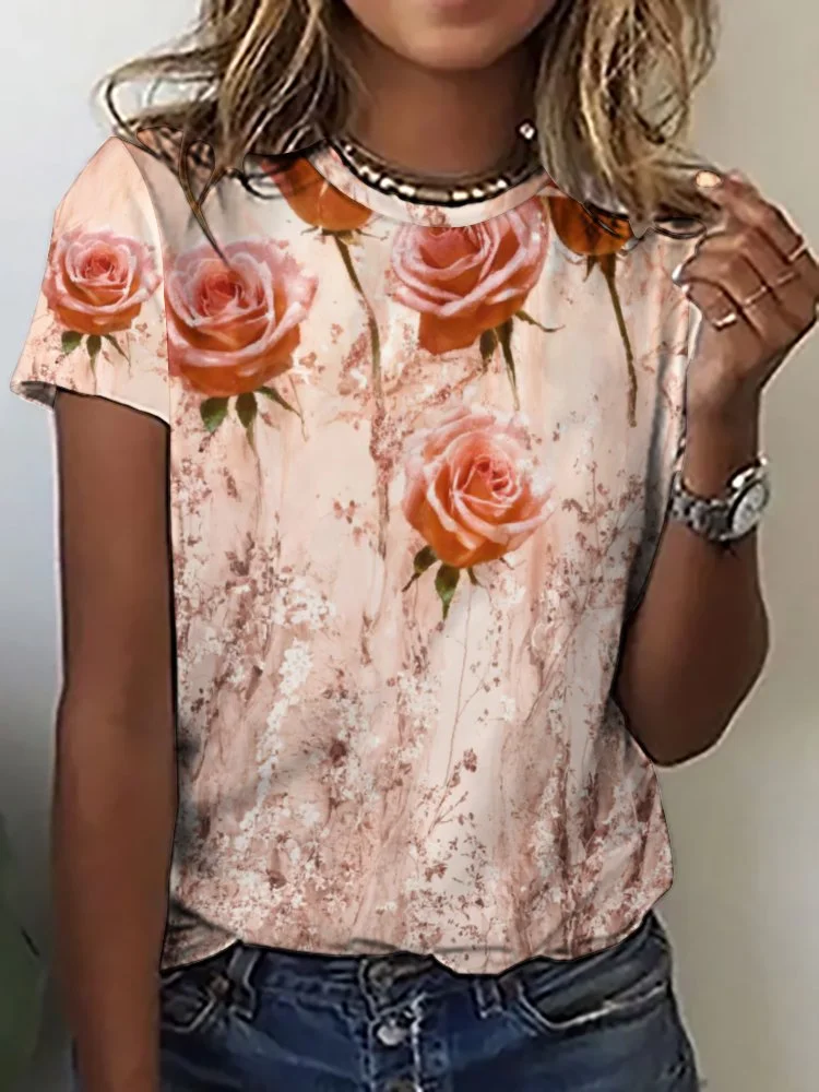 Printed Short Sleeve Casual T-shirt for  Women and Men Unisex Pattern Floral,Glitter,Pink