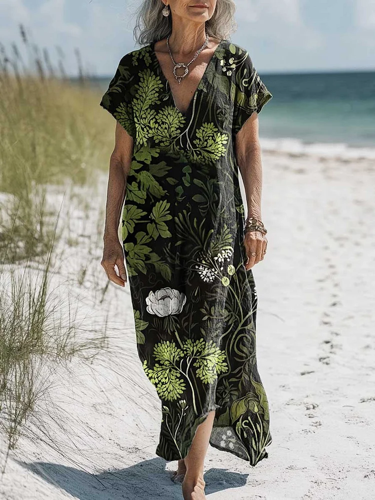 Women's Vintage Lovely Floral Art Print Pocket Cotton Dress