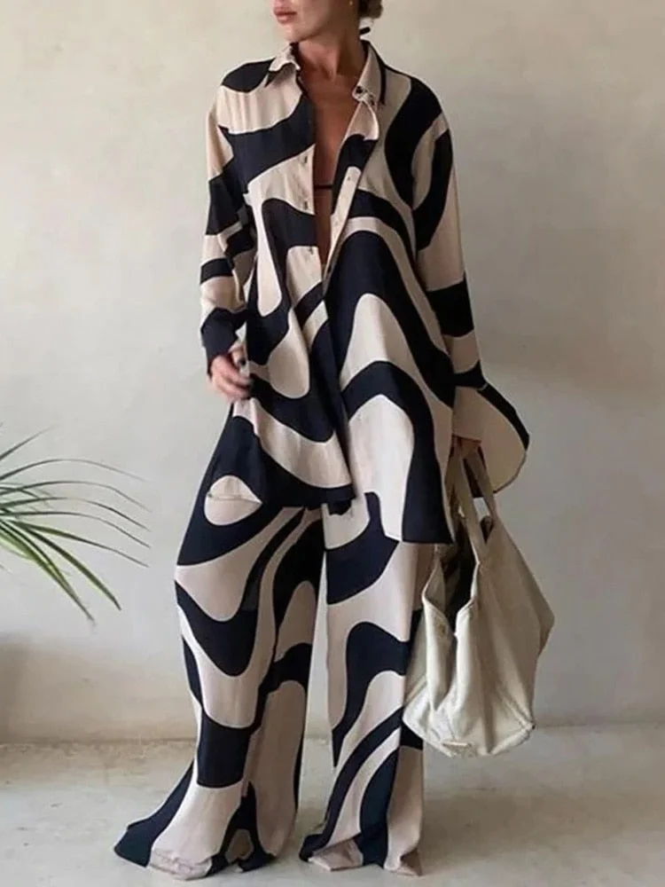 Elegant Turn Down Collor Print Set Lady Buttons Loose Long Shirt Tops And Wide Leg Pants Suits 2022 Casual Women Two Piece Sets
