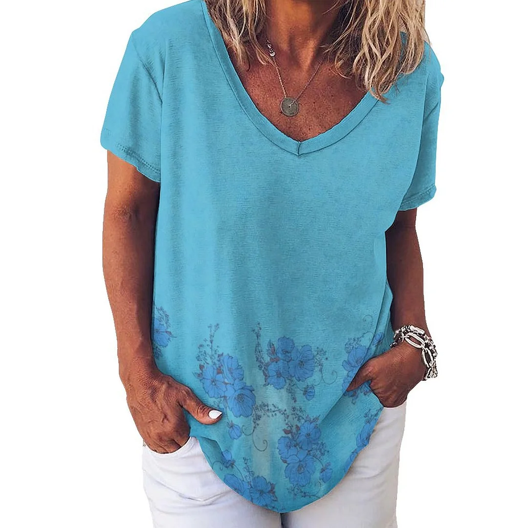 V-neck Short Sleeve Casual T-shirt for  Women Printed with Pattern Floral, Blue