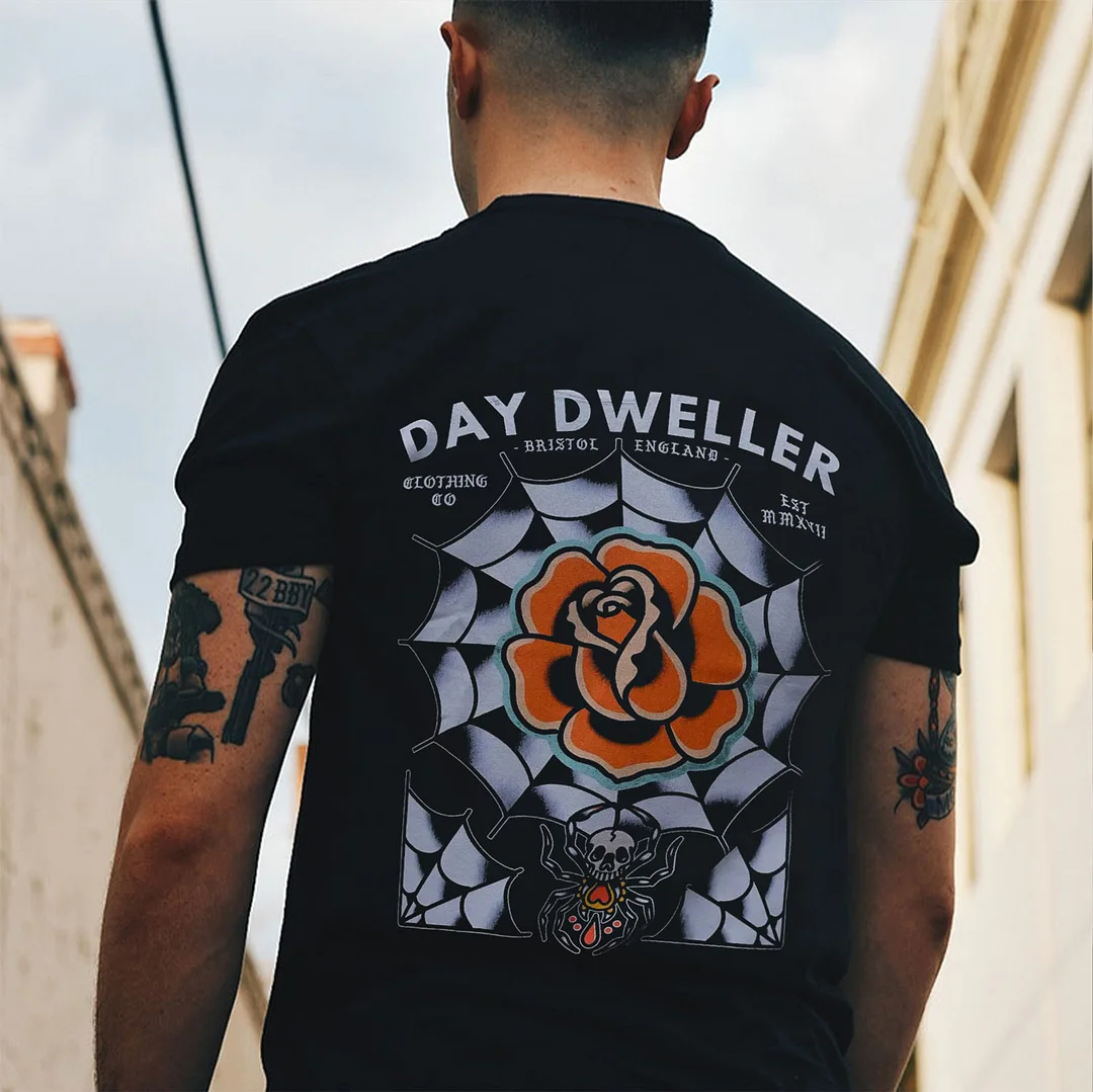 DAY DWELLER Skull Flower Design Casual Graphic Black Print T-shirt