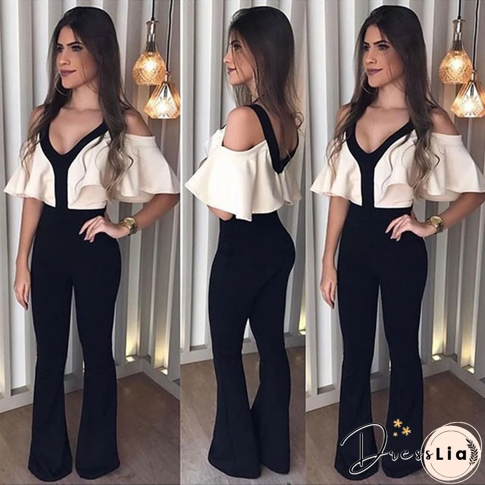 Women Hot Sell New Fashion Jumpsuits Casual V Neck Off Shoulder Short Sleeve Slim Fit Jumpsuits for Women Patchwork Jumpsuits