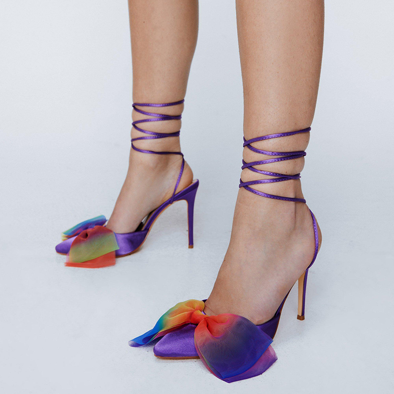 GOOSHOE Purple Satin Multicolor Bow Evening Stiletto Heel Pumps